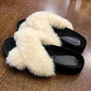 LOFT Black and Cream Faux Fur Slippers